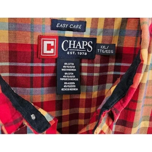 Chaps Easy Care Mens Long Sleeve Button Front Red Yellow Plaid Shirt Sz XXL - Picture 3 of 3